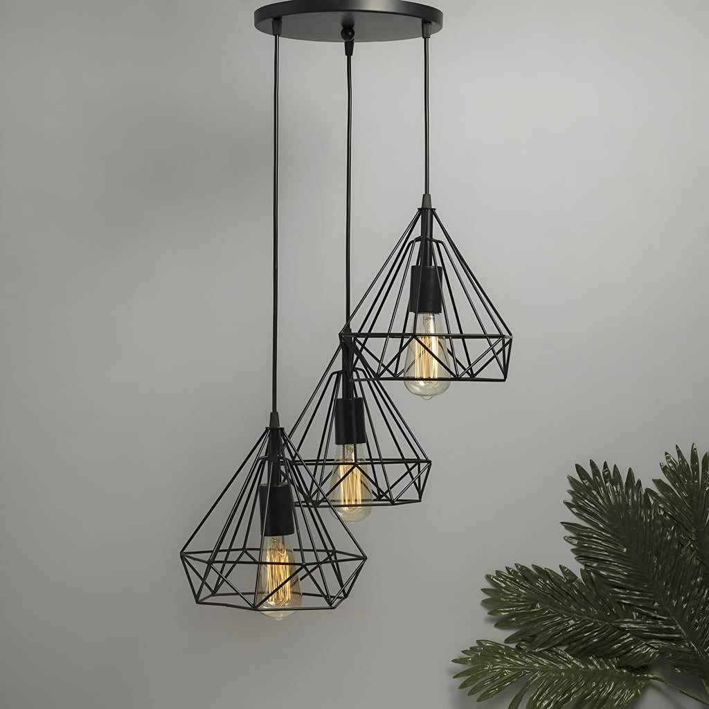 3-Light Black Diamond Cage Ceiling Pendant with Bulb