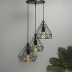 3-Light Black Diamond Cage Ceiling Pendant with Bulb