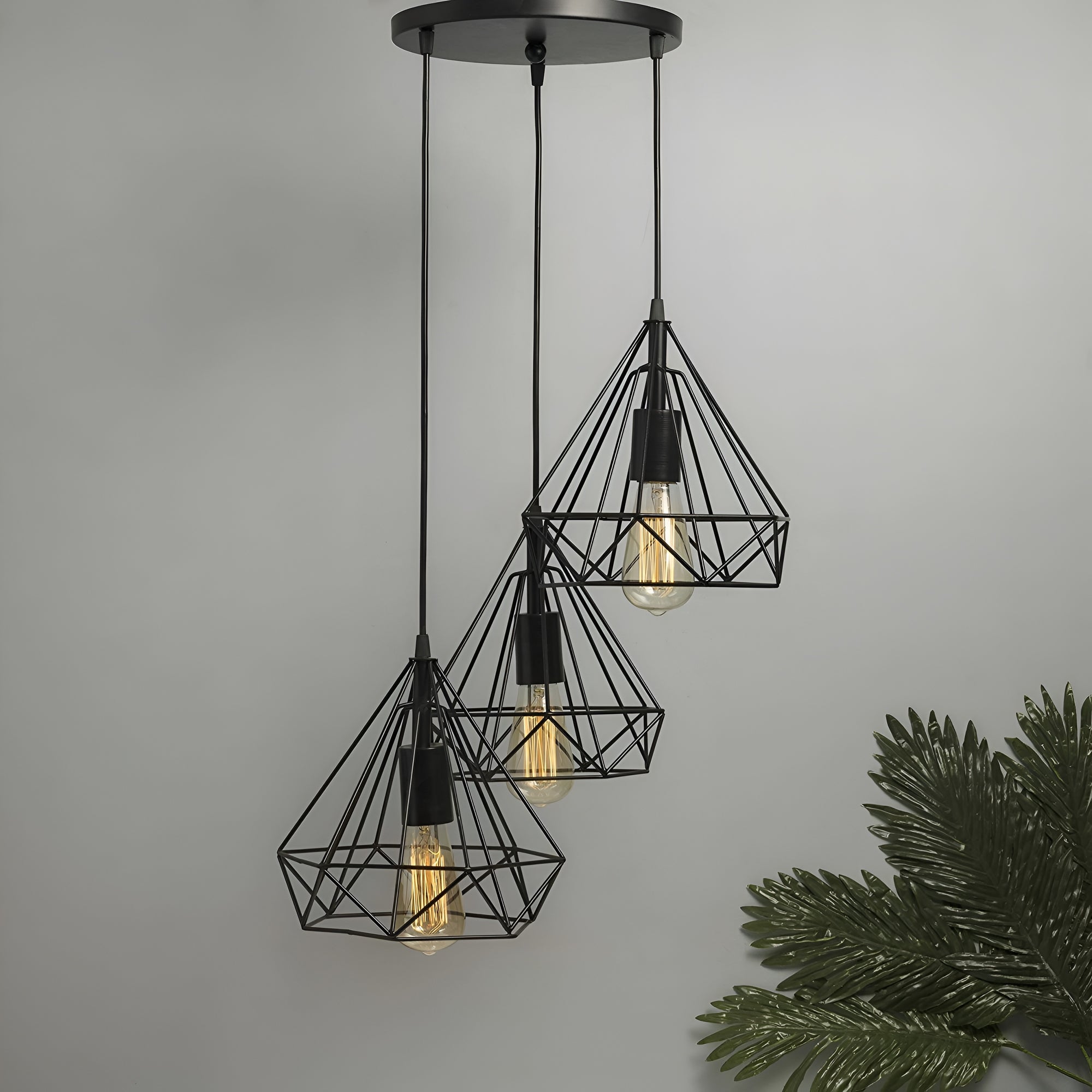 3-Light Black Diamond Cage Ceiling Pendant with Bulb