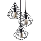 3-Light Black Diamond Cage Ceiling Pendant with Bulb