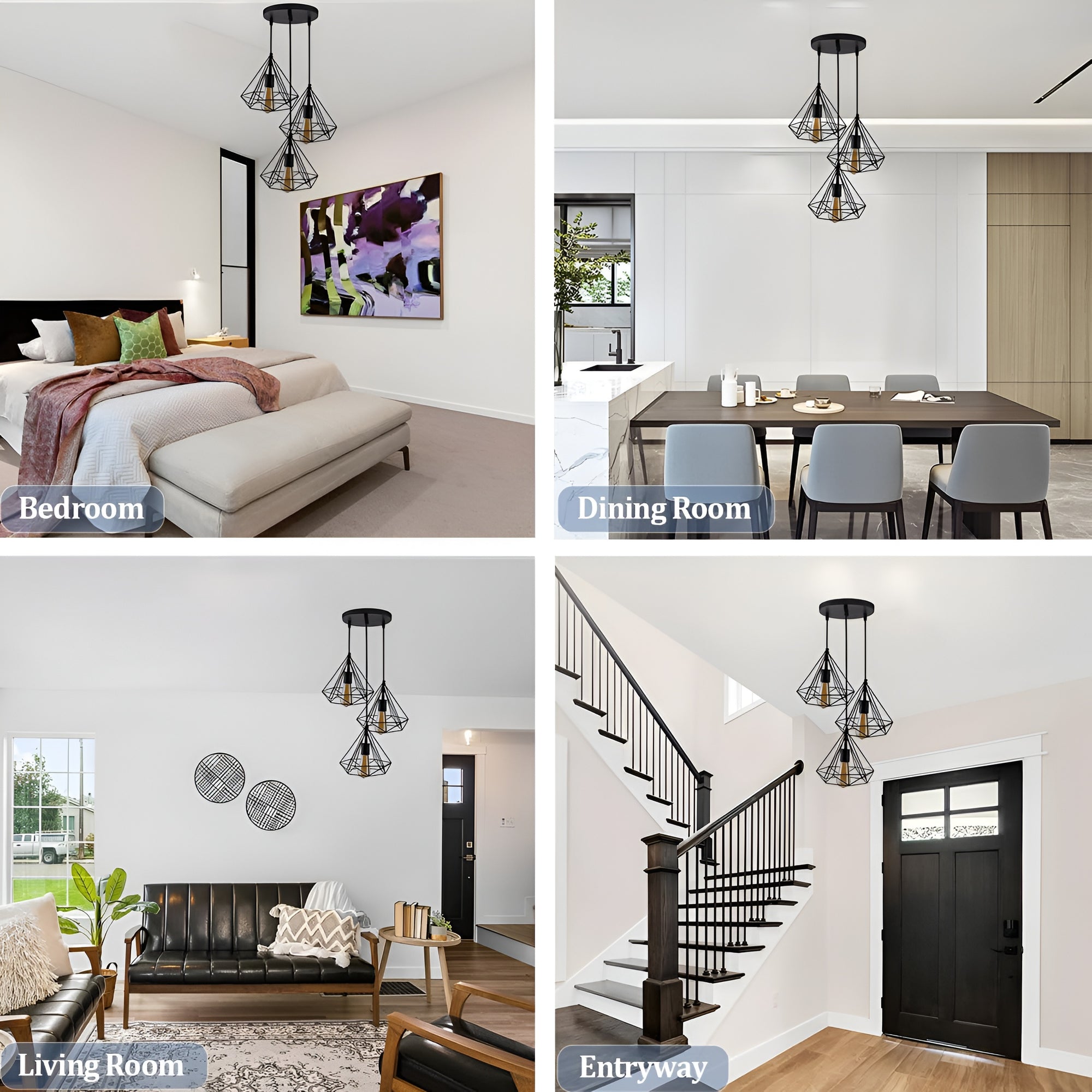 3-Light Black Diamond Cage Ceiling Pendant with Bulb