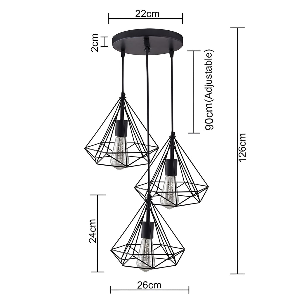 3-Light Black Diamond Cage Ceiling Pendant with Bulb