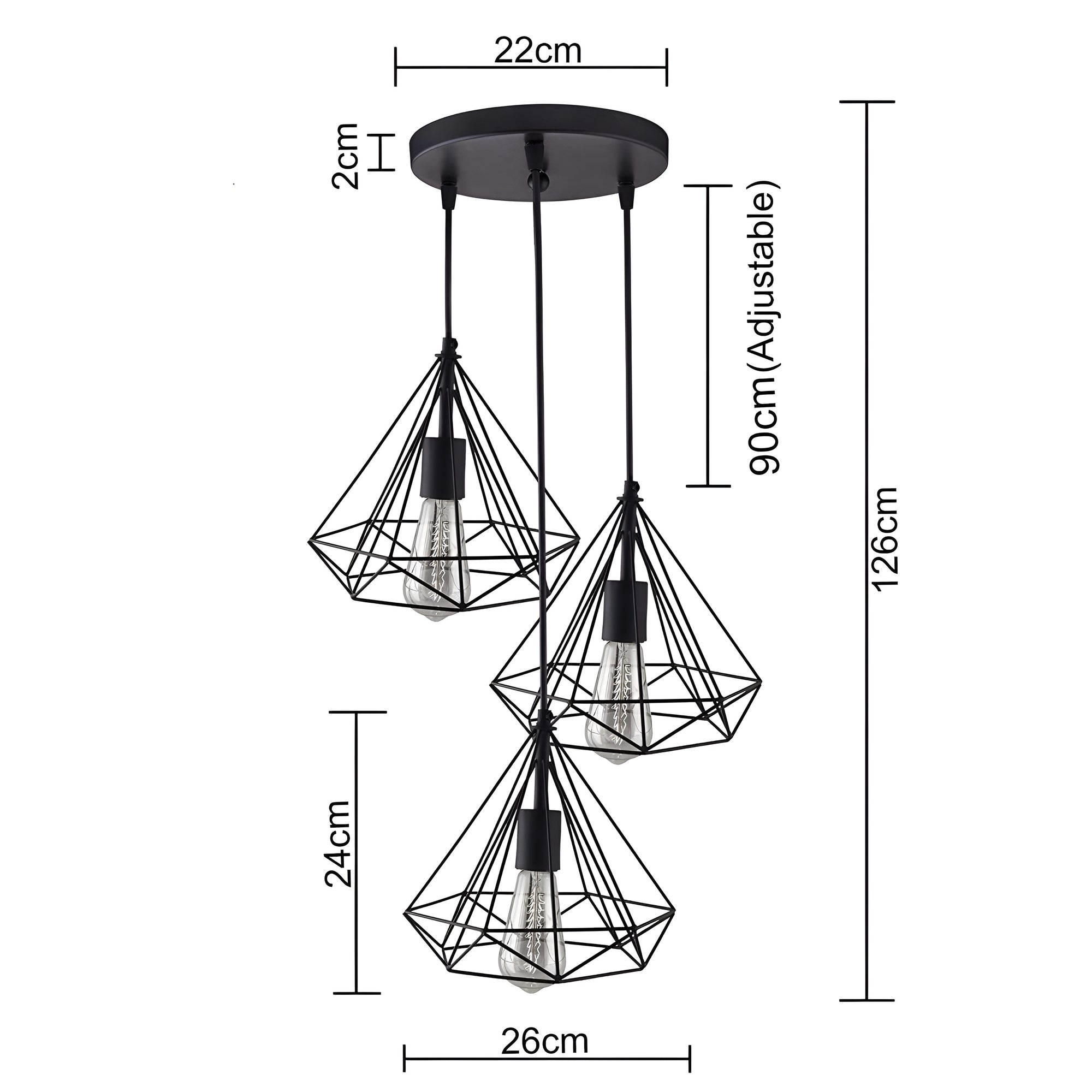 3-Light Black Diamond Cage Ceiling Pendant with Bulb