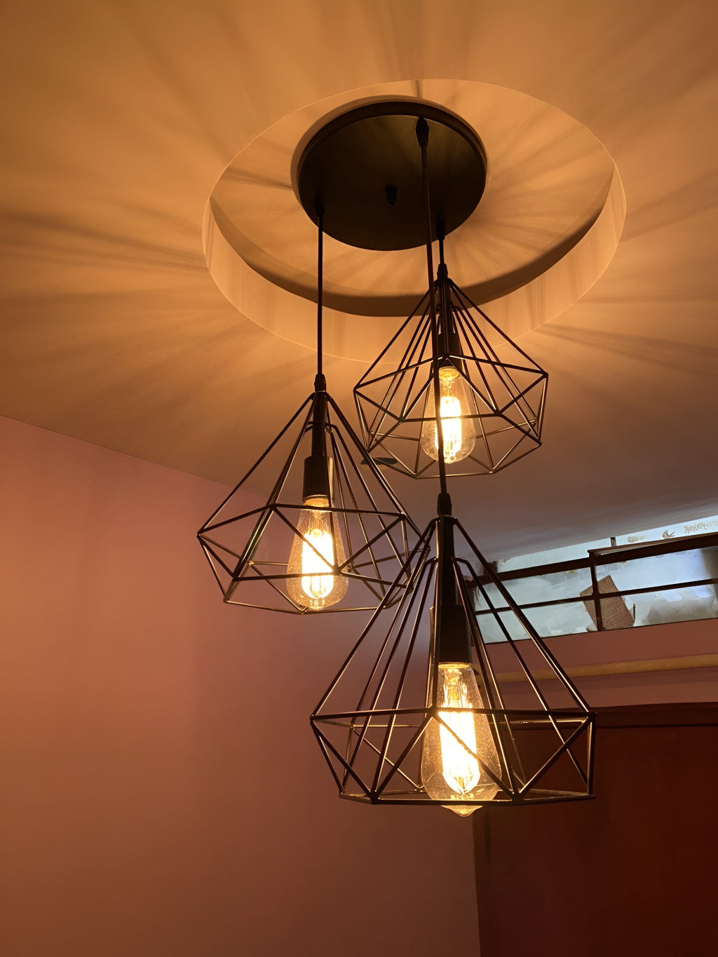 3-Light Black Diamond Cage Ceiling Pendant with Bulb