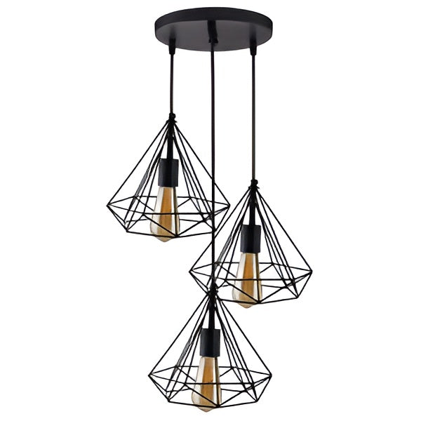 3-Light Black Diamond Cage Ceiling Pendant with Bulb