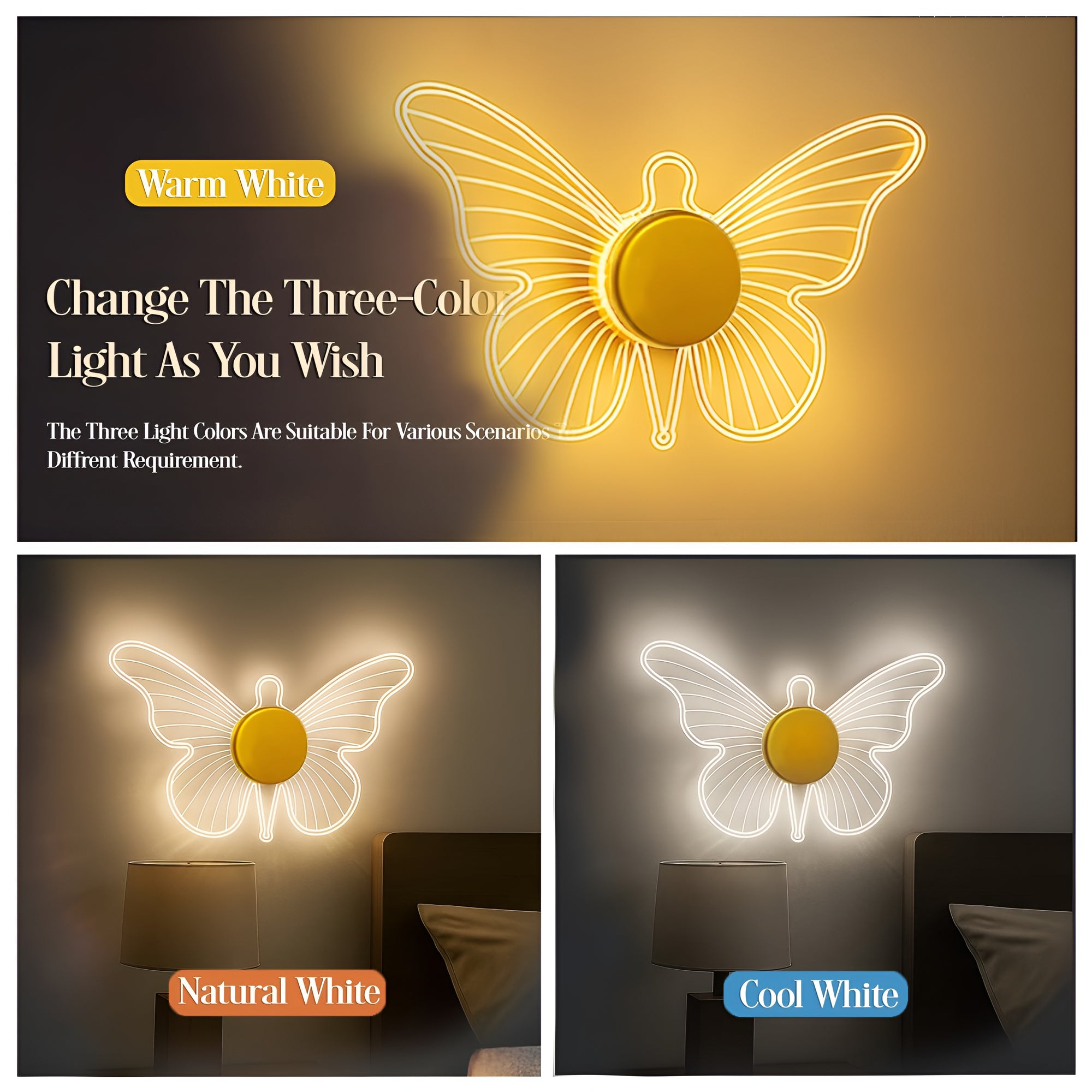 Golden Butterfly LED Wall Light | 3-Color Acrylic Decorative Sconce for Home