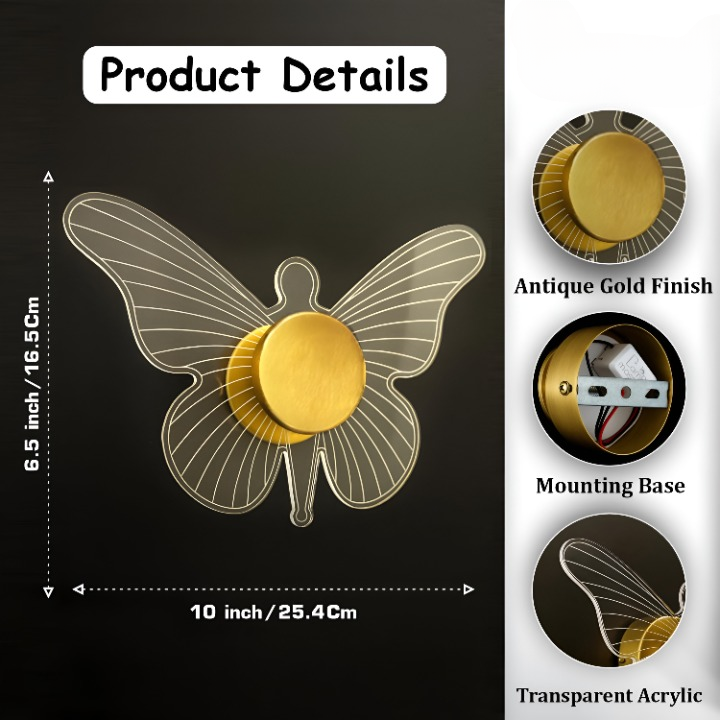 Golden Butterfly LED Wall Light | 3-Color Acrylic Decorative Sconce for Home