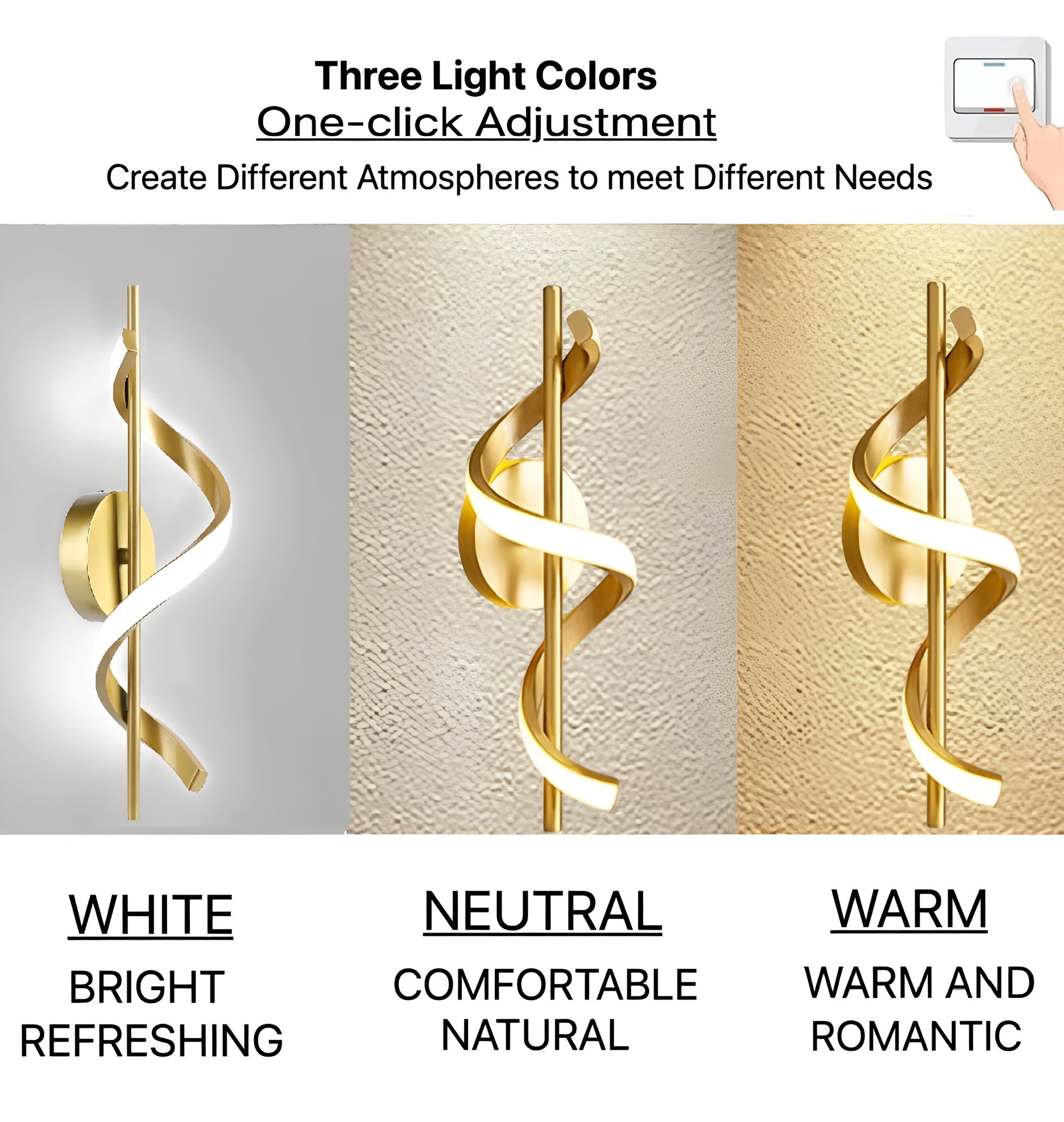 Modern LED Wall Sconce – Gold Spiral, 3-Color Modes