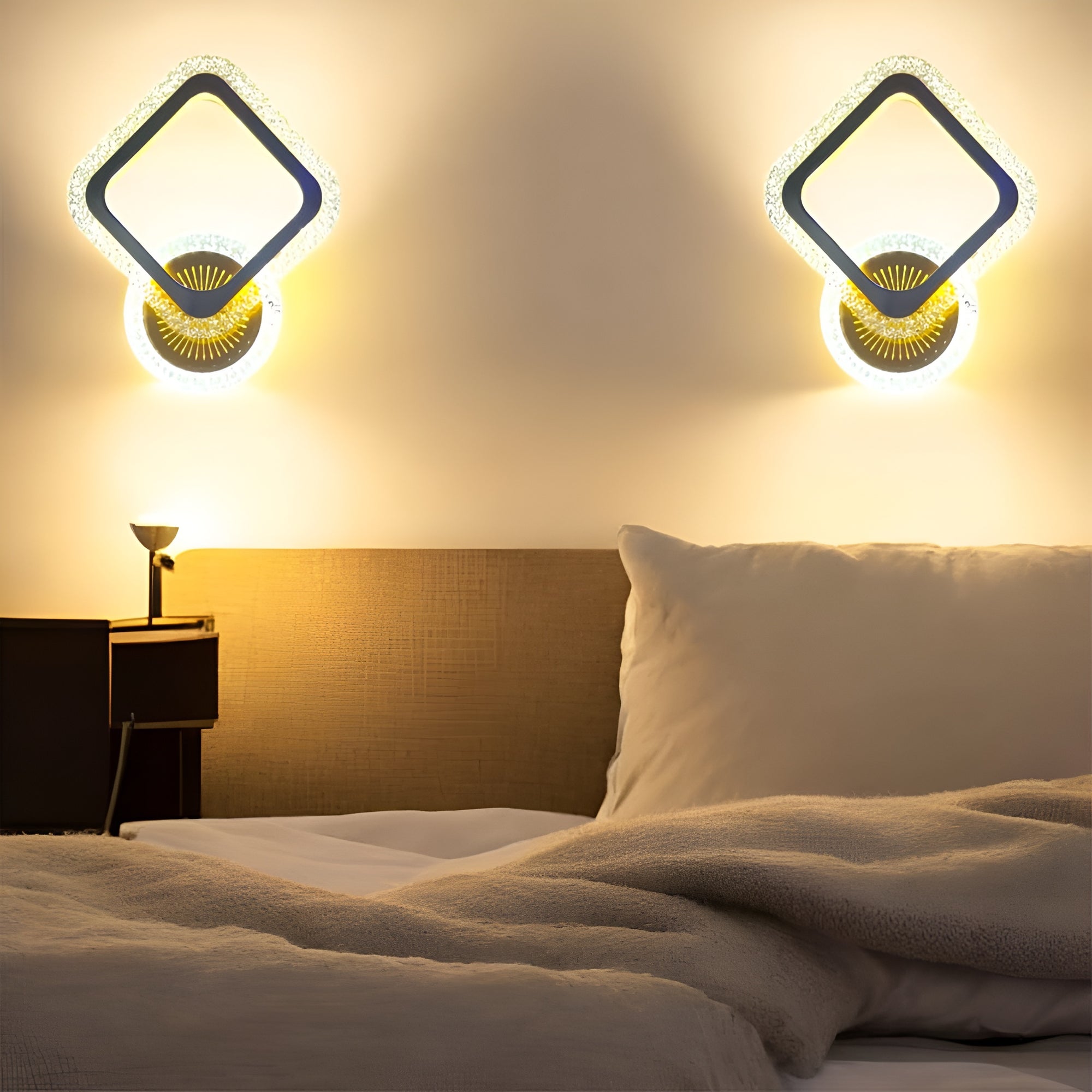 Crystal-Edge LED Wall Light – Geometric Diamond & Ring Design