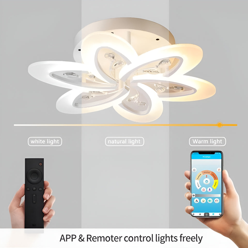 White Crystal LED Chandelier – 5-Petal, App Control, Tricolor