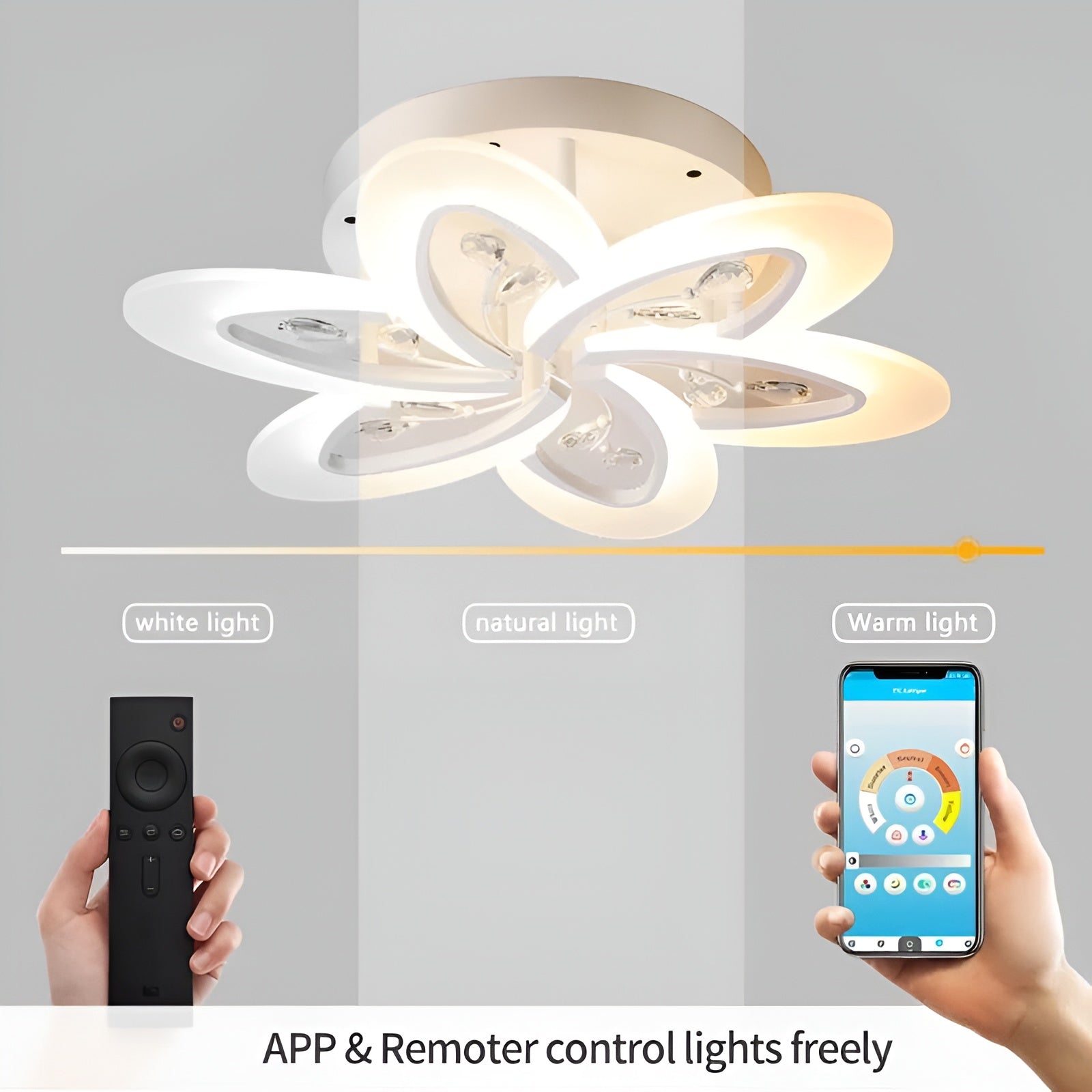 White Crystal LED Chandelier – 5-Petal, App Control, Tricolor