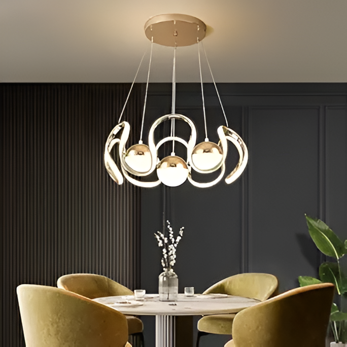 Golden Metal LED Chandelier – 3-Orb Hanging Lamp