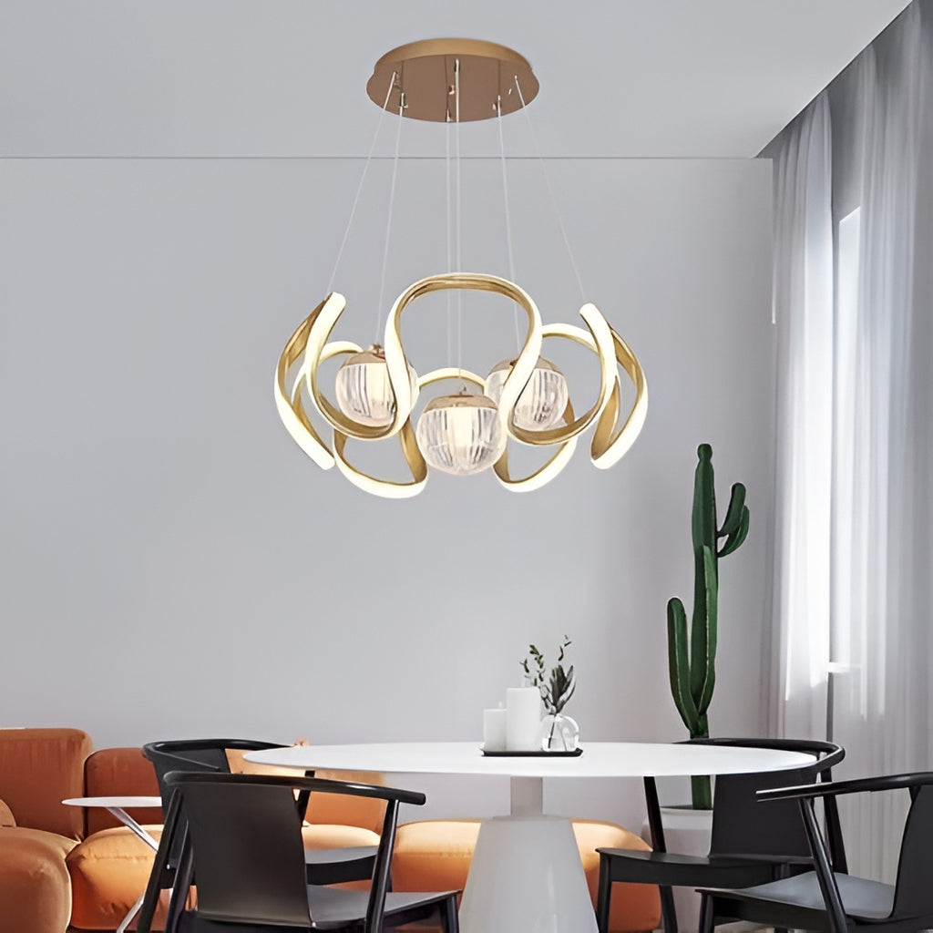 Golden Metal LED Chandelier – 3-Orb Hanging Lamp