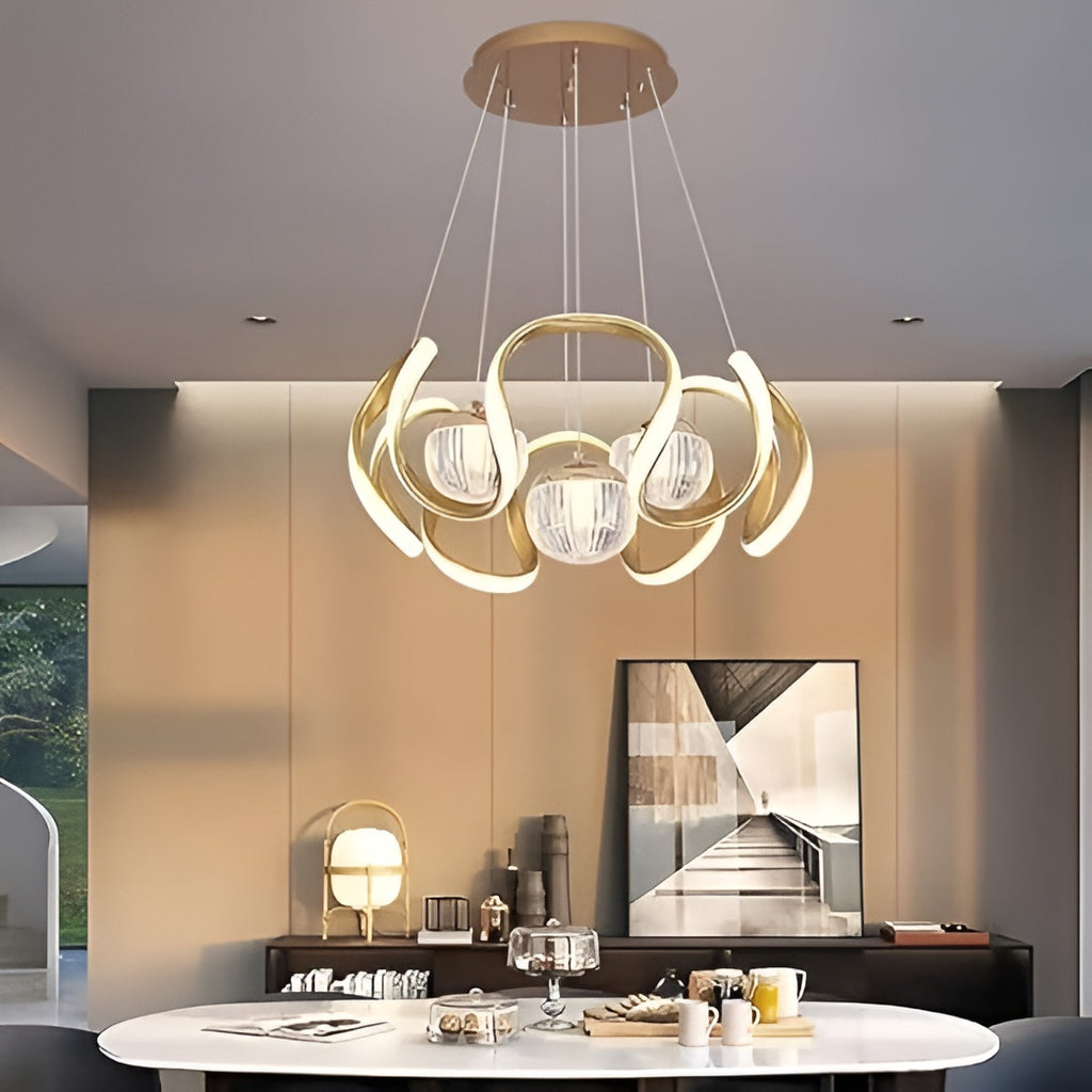 Golden Metal LED Chandelier – 3-Orb Hanging Lamp