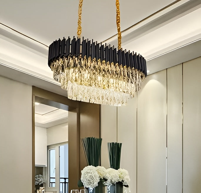 3-Tier Oval Crystal Chandelier – Black & Gold Finish (11×22 Inch)