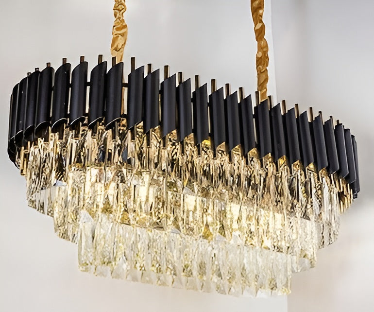 3-Tier Oval Crystal Chandelier – Black & Gold Finish (11×22 Inch)