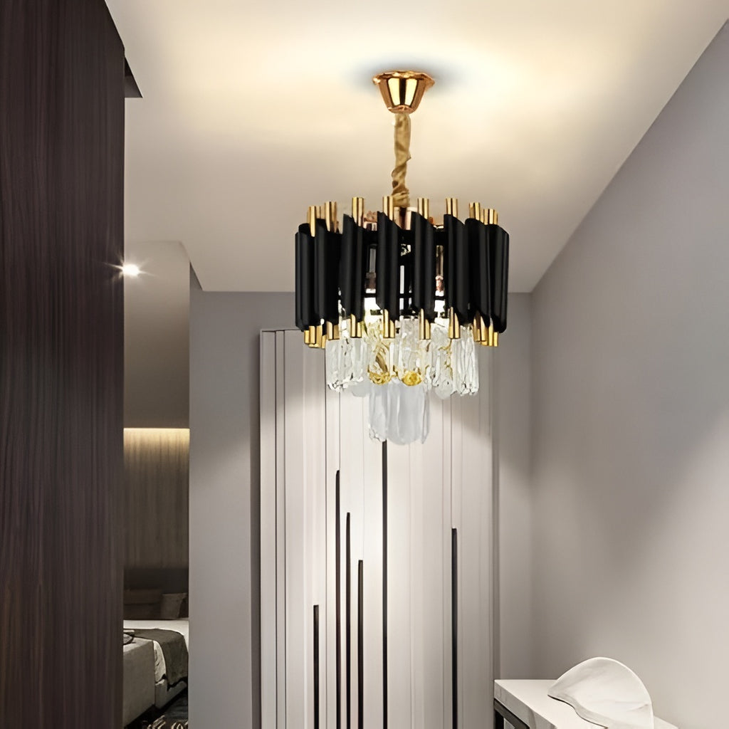 300mm Black & Gold Crystal Chandelier – 3-Color LED (12 Inch)