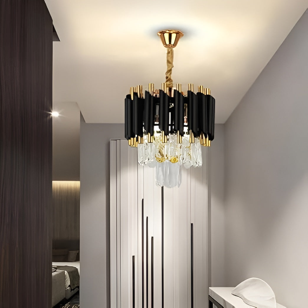 300mm Black & Gold Crystal Chandelier – 3-Color LED (12 Inch)