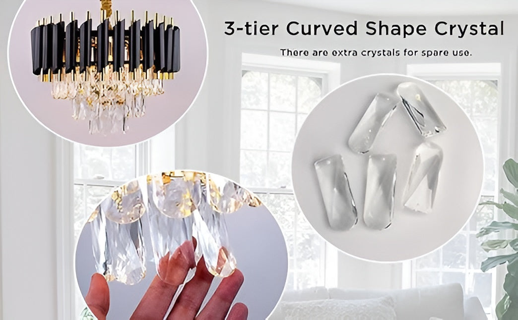 300mm Black & Gold Crystal Chandelier – 3-Color LED (12 Inch)