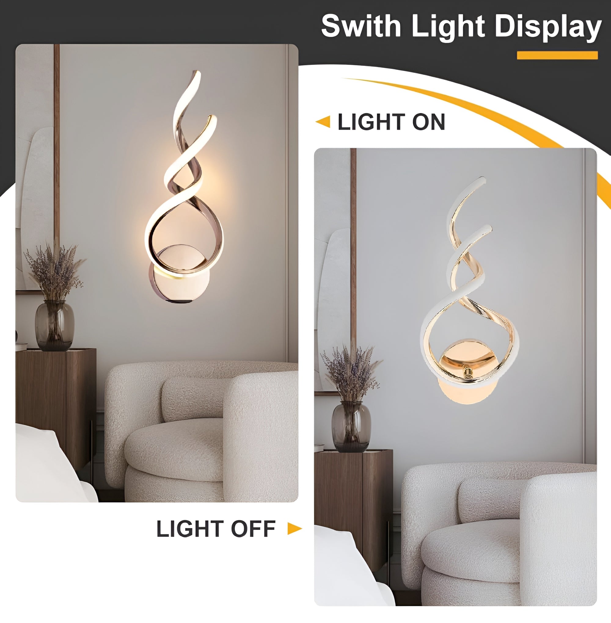 15W Modern LED Wall Sconce – Gold Spiral, 3-Color Modes