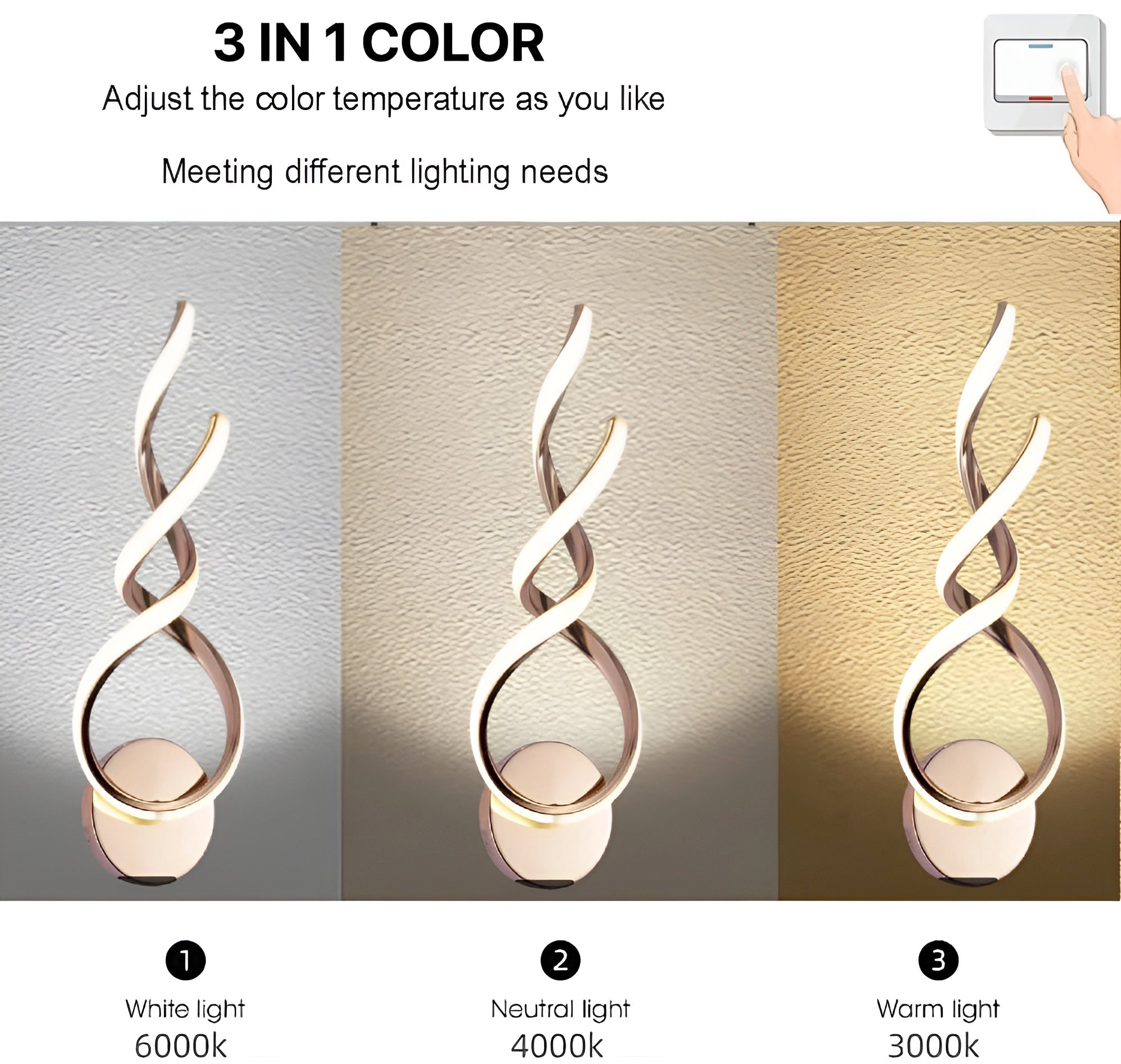 15W Modern LED Wall Sconce – Gold Spiral, 3-Color Modes